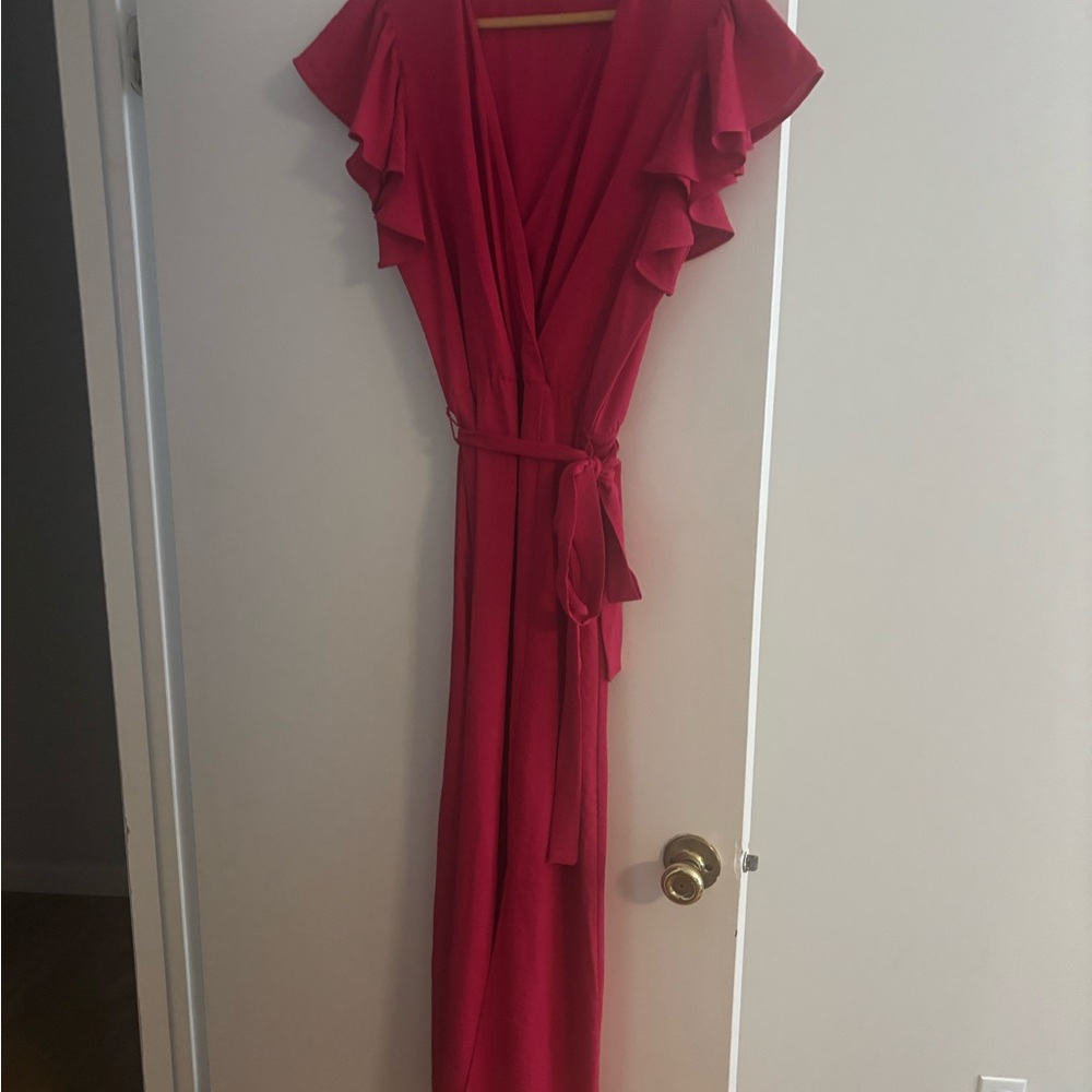 MSK Vibrant Pink Maxi Dress with Ruffle Sleeves and Tie Waist
